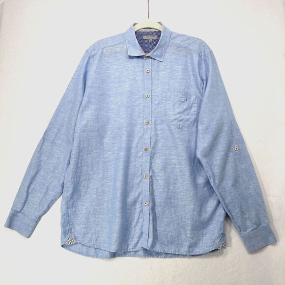 Ted Baker Shirt Men 6 / US XXL Blue Linen Cotton Blend Flip Cuff Office Everyday - Picture 1 of 11